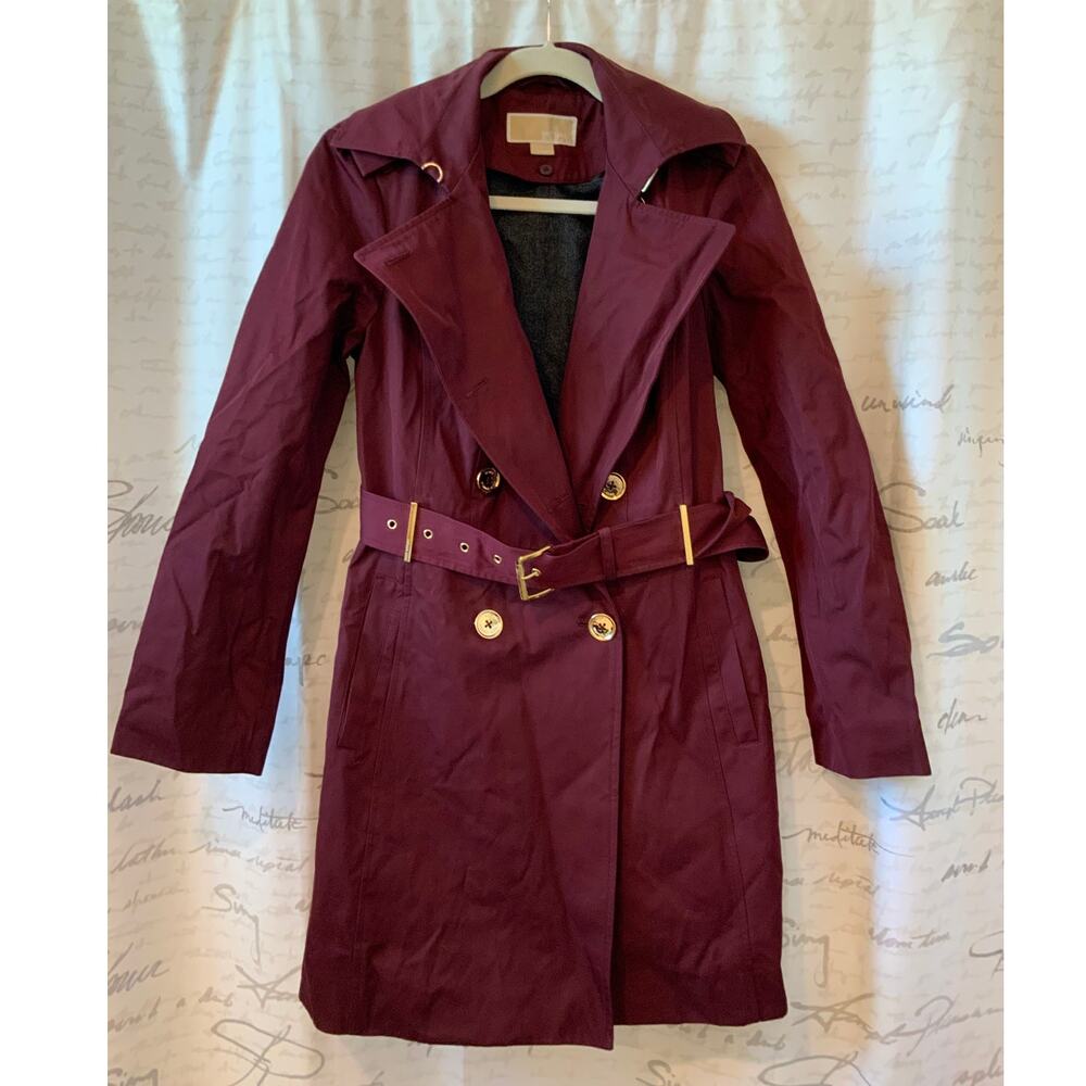 Michael Kors Womens Trench Coat Small Burgundy Belted Jacket Gold Hardware